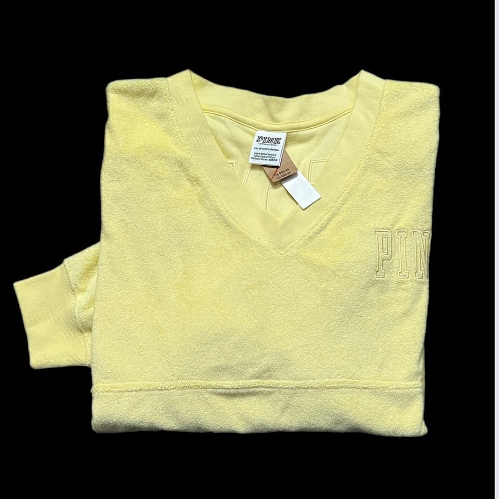 Victoria’s Secret Pink Varsity Terry Cloth V Neck Oversized Pullover Yellow - Picture 3 of 12